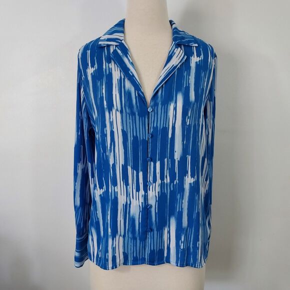 Worthington Shirt Top Flowy Womens Size Medium Button Up Blue White Long Sleeves - Picture 2 of 13